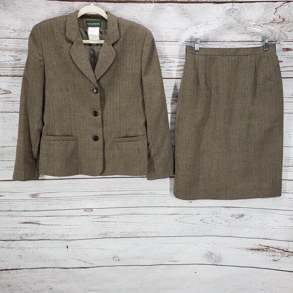 Harve Benard Women's Brown Wool Herringbone 2 Piece Top & Skirt Set Size 12 - Picture 1 of 12